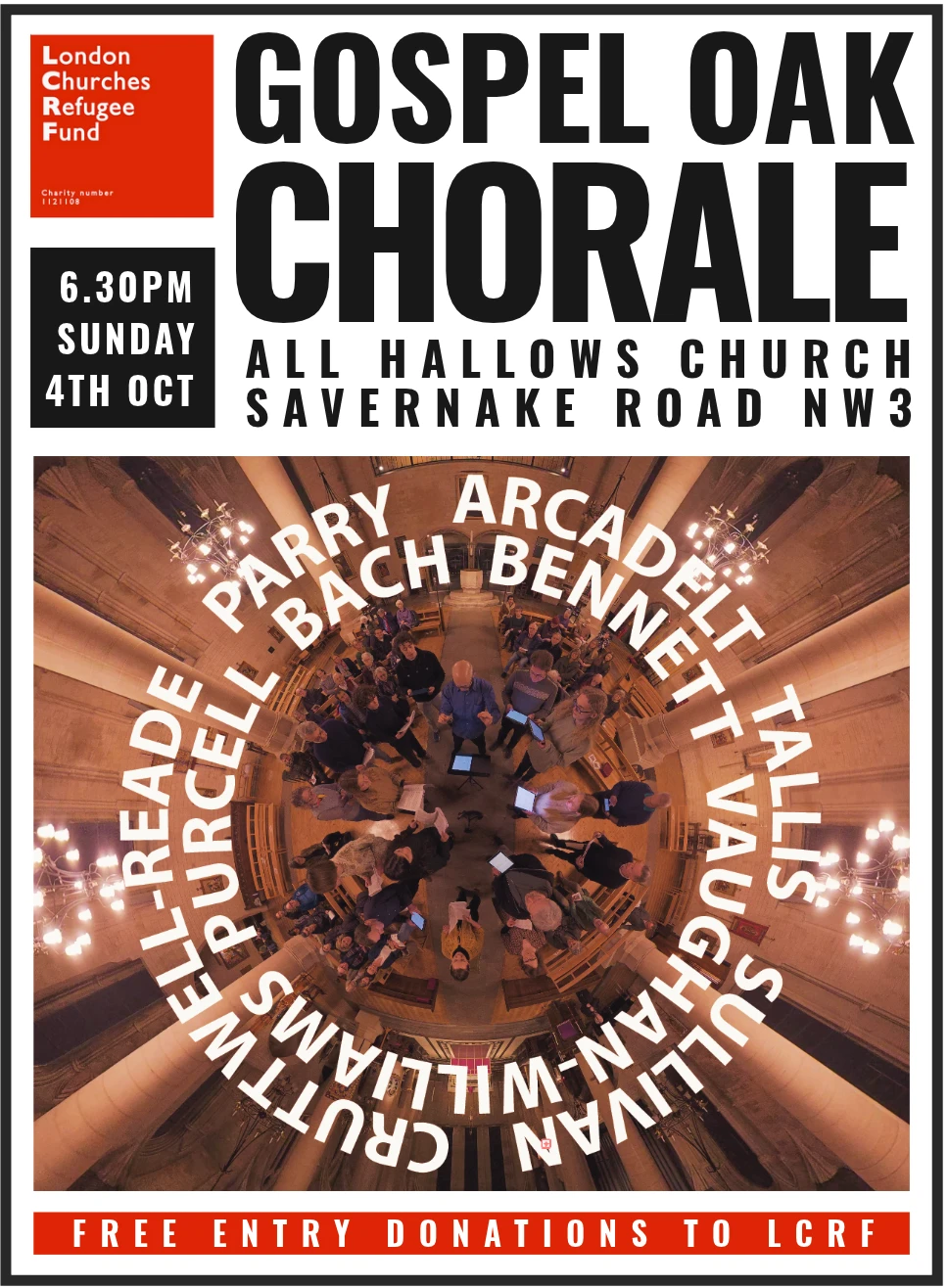 Poster for the Gospel Oak Chorale concert at All Hallows Church, Savernake Road NW3, at 6.30pm on Sunday 4th October. Free entry, with donations to the London Churches Refugee Fund. A circular photograph of the choir seen from above, ringed by composers' names.